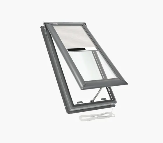 VELUX electric Fresh Air skylight unit shown open with its power lead.