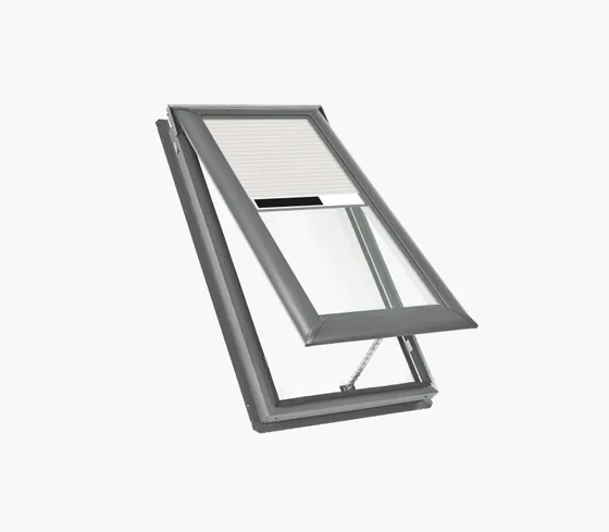 VELUX manual Fresh Air skylight unit shown open with its operating handle.