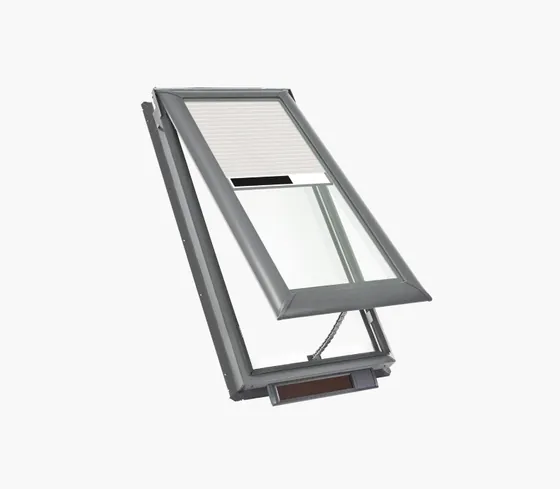 VELUX solar-powered Fresh Air skylight unit, shown open with the solar panel on the frame.