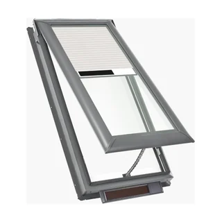 A VELUX Fresh Air venting skylight unit, shown open with its shade.