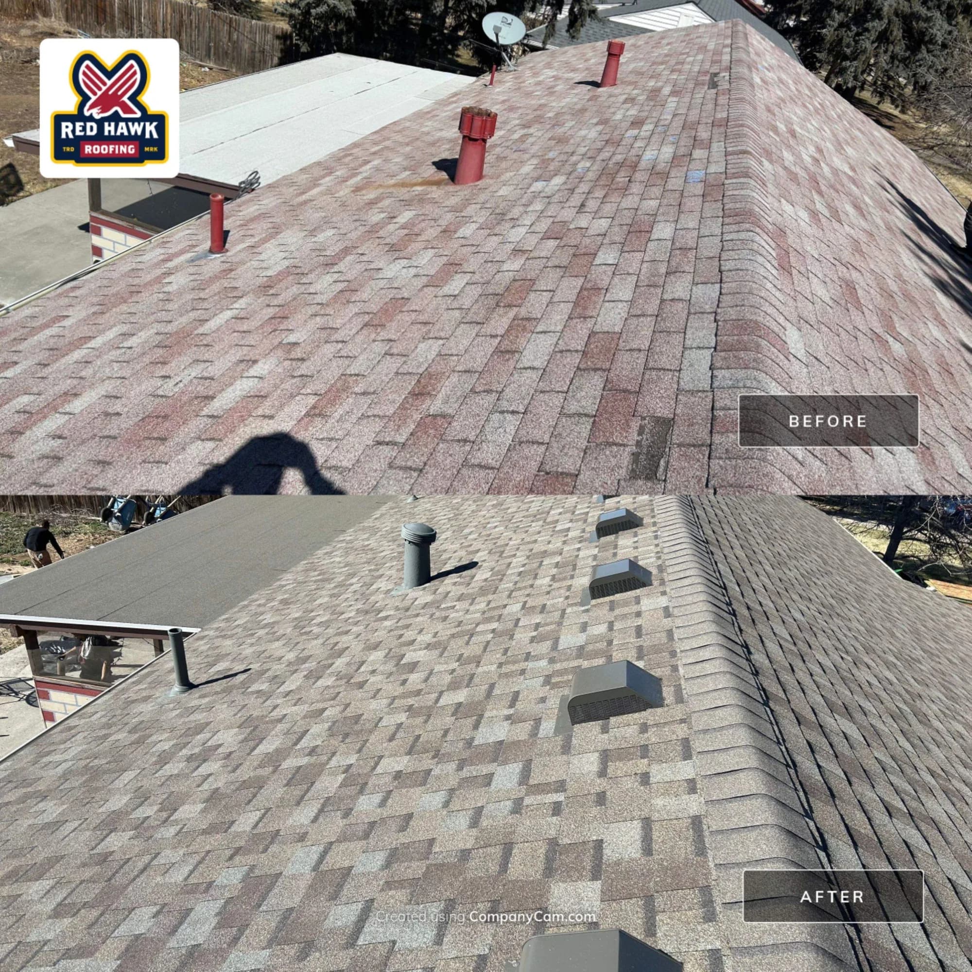 Before-and-after of a Fort Collins roof replacement, worn shingles through to the finished roof.
