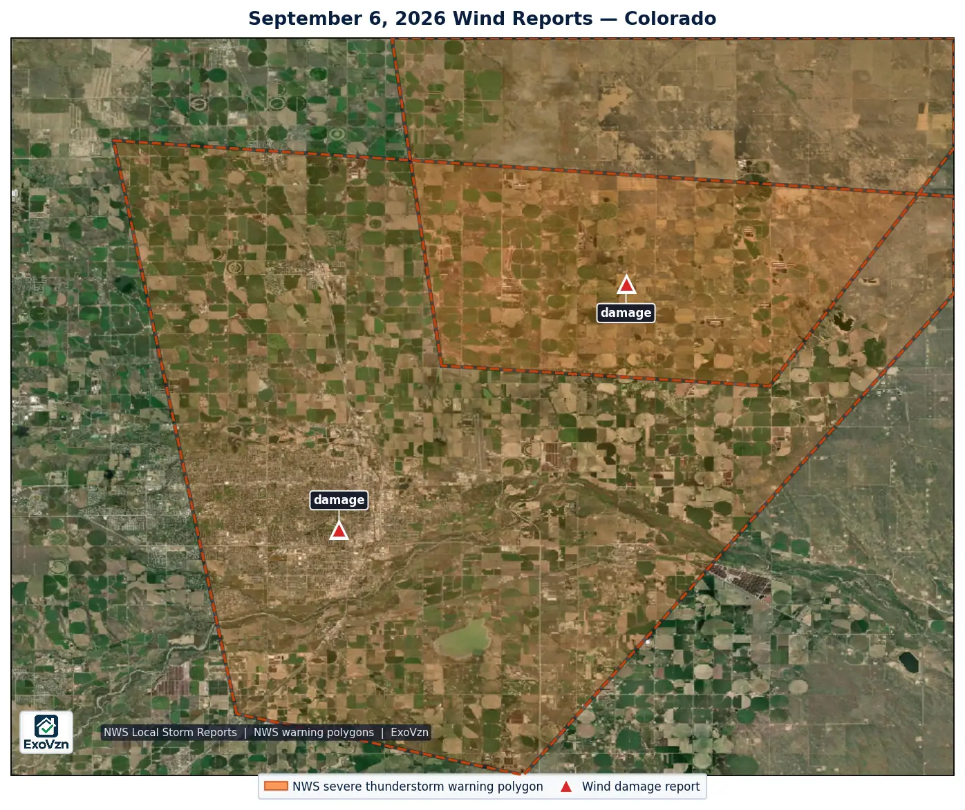 Map of National Weather Service wind reports and the storm-based severe thunderstorm warning polygons in effect over Colorado on September 6, 2026