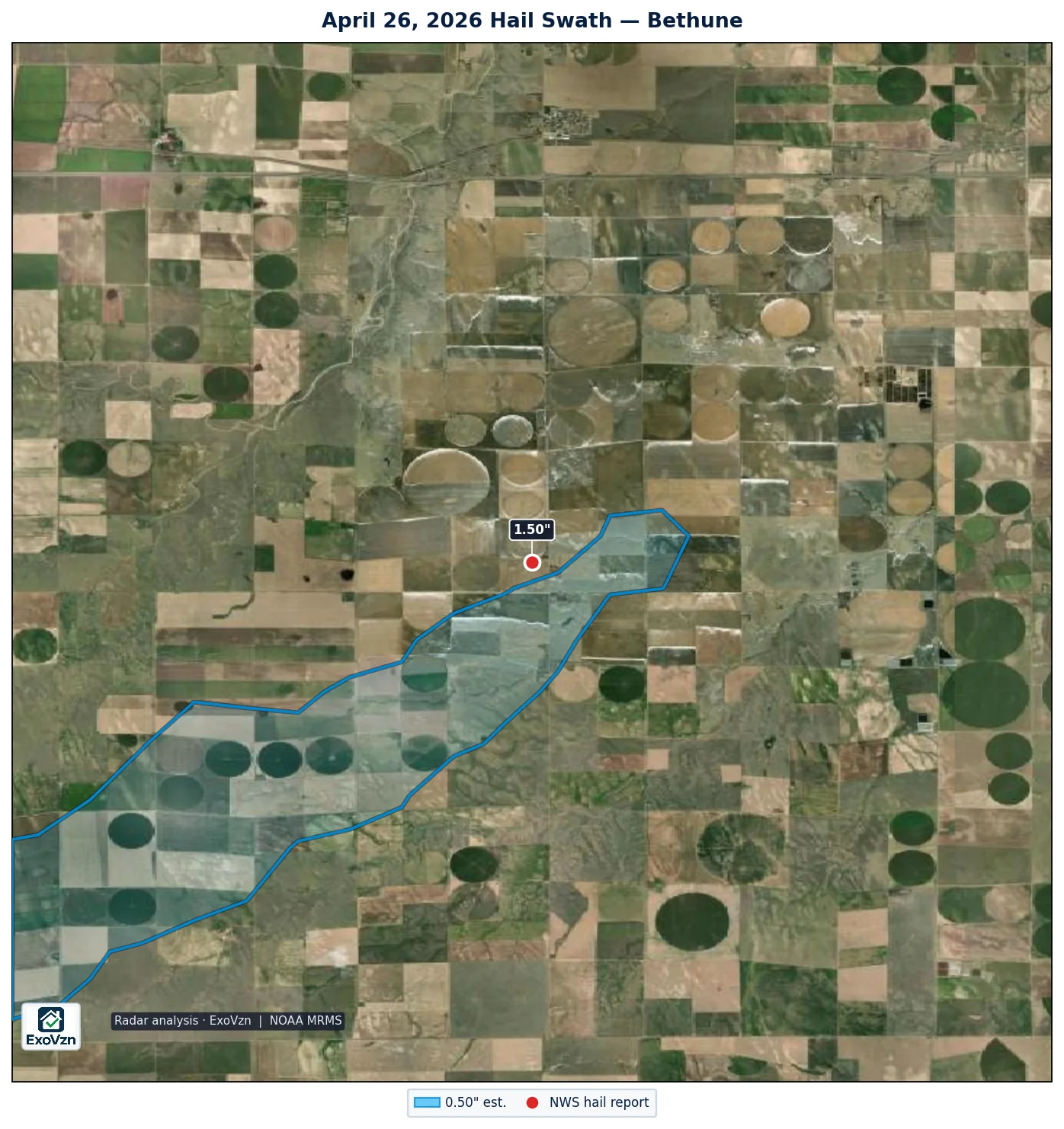 Radar hail swath near Bethune on April 26, 2026 with National Weather Service hail reports marked