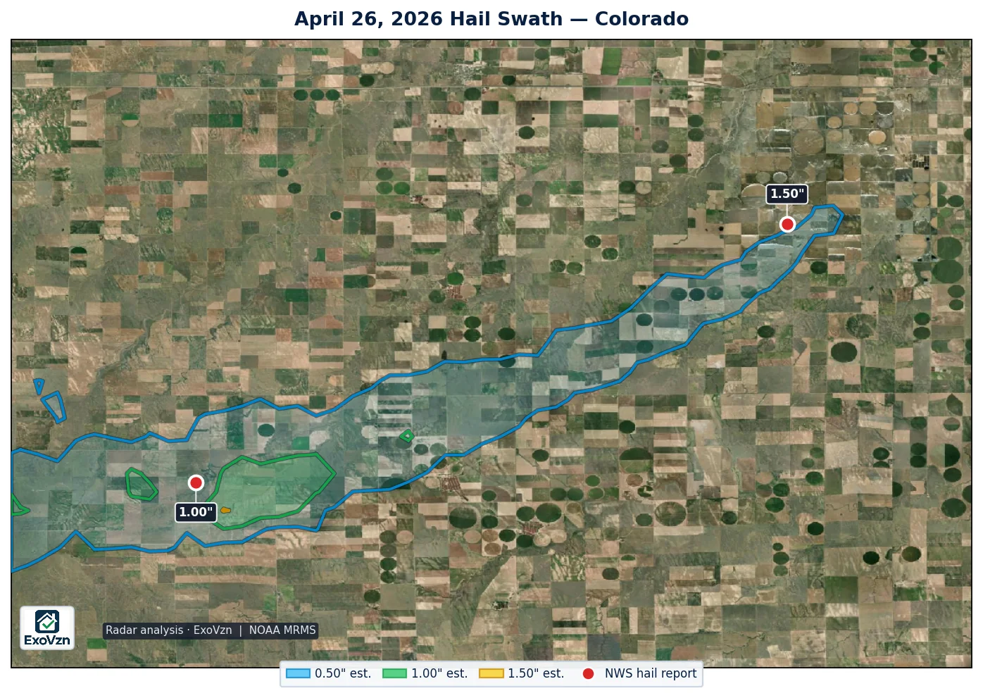Radar hail swath over Colorado on April 26, 2026 with National Weather Service hail reports marked