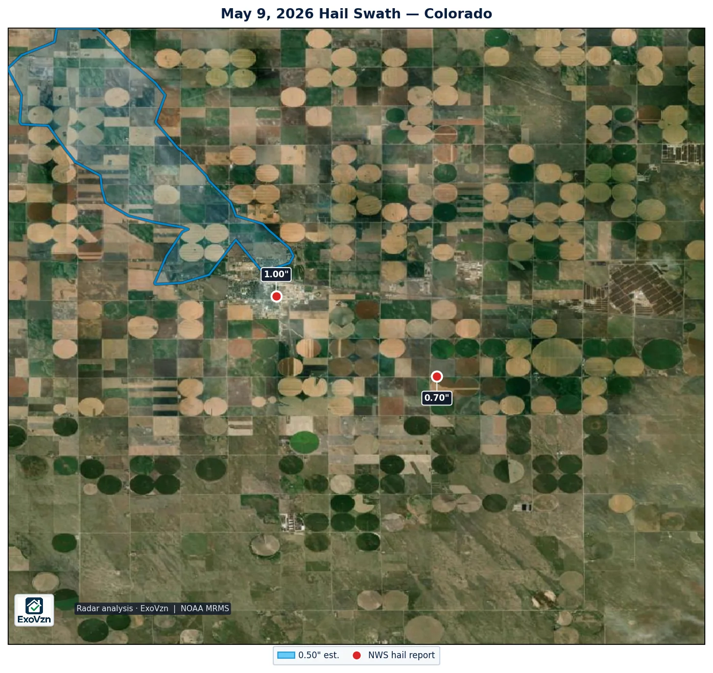 Radar hail swath over Colorado on May 9, 2026 with National Weather Service hail reports marked
