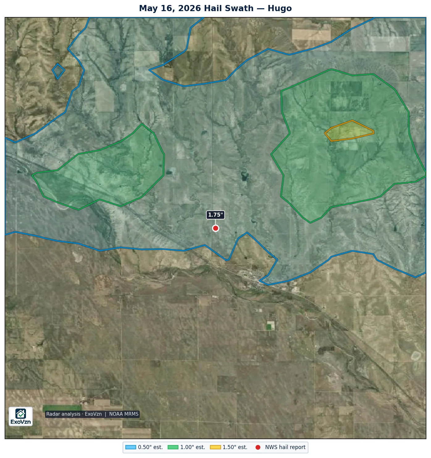 Radar hail swath near Hugo on May 16, 2026 with National Weather Service hail reports marked