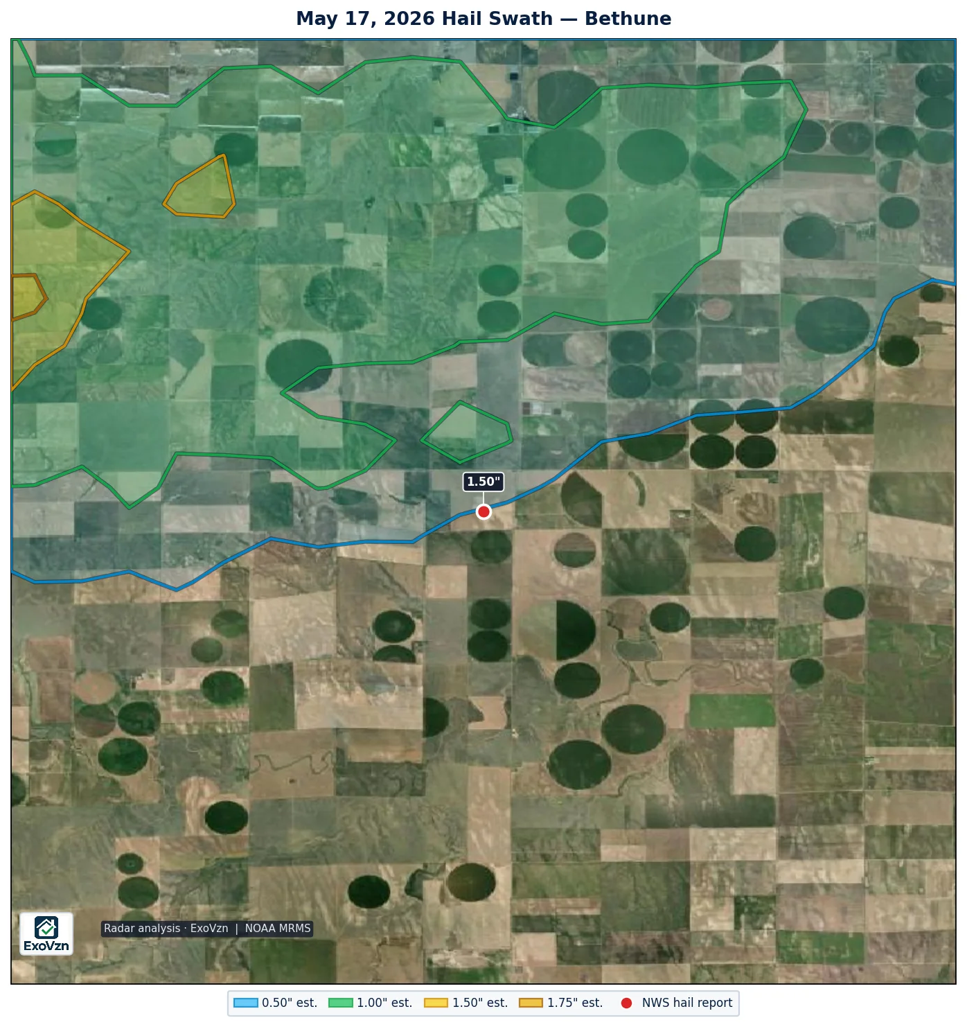 Radar hail swath near Bethune on May 17, 2026 with National Weather Service hail reports marked