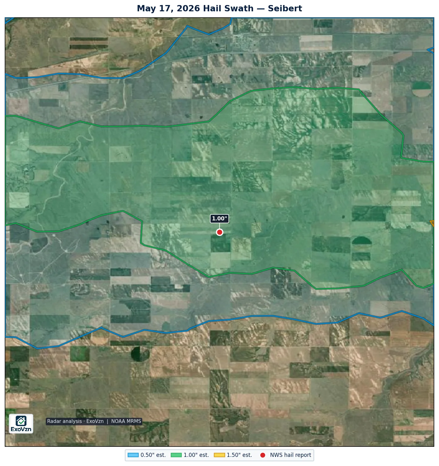 Radar hail swath near Seibert on May 17, 2026 with National Weather Service hail reports marked