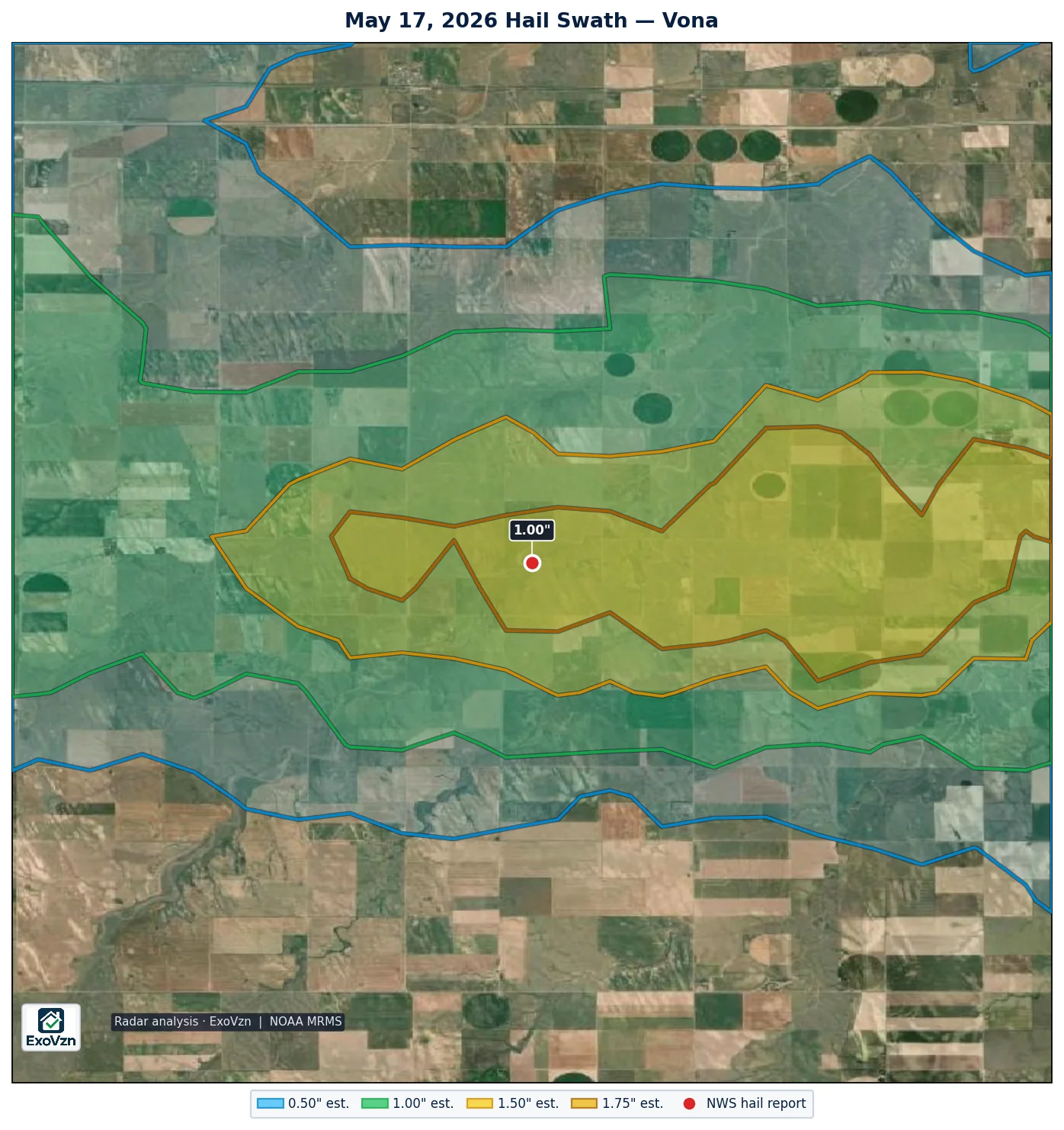 Radar hail swath near Vona on May 17, 2026 with National Weather Service hail reports marked