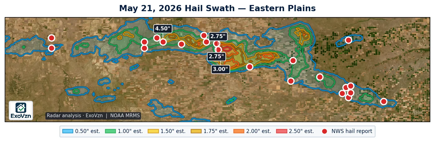 Radar hail swath across the eastern Colorado plains on May 21, 2026 with National Weather Service hail reports marked