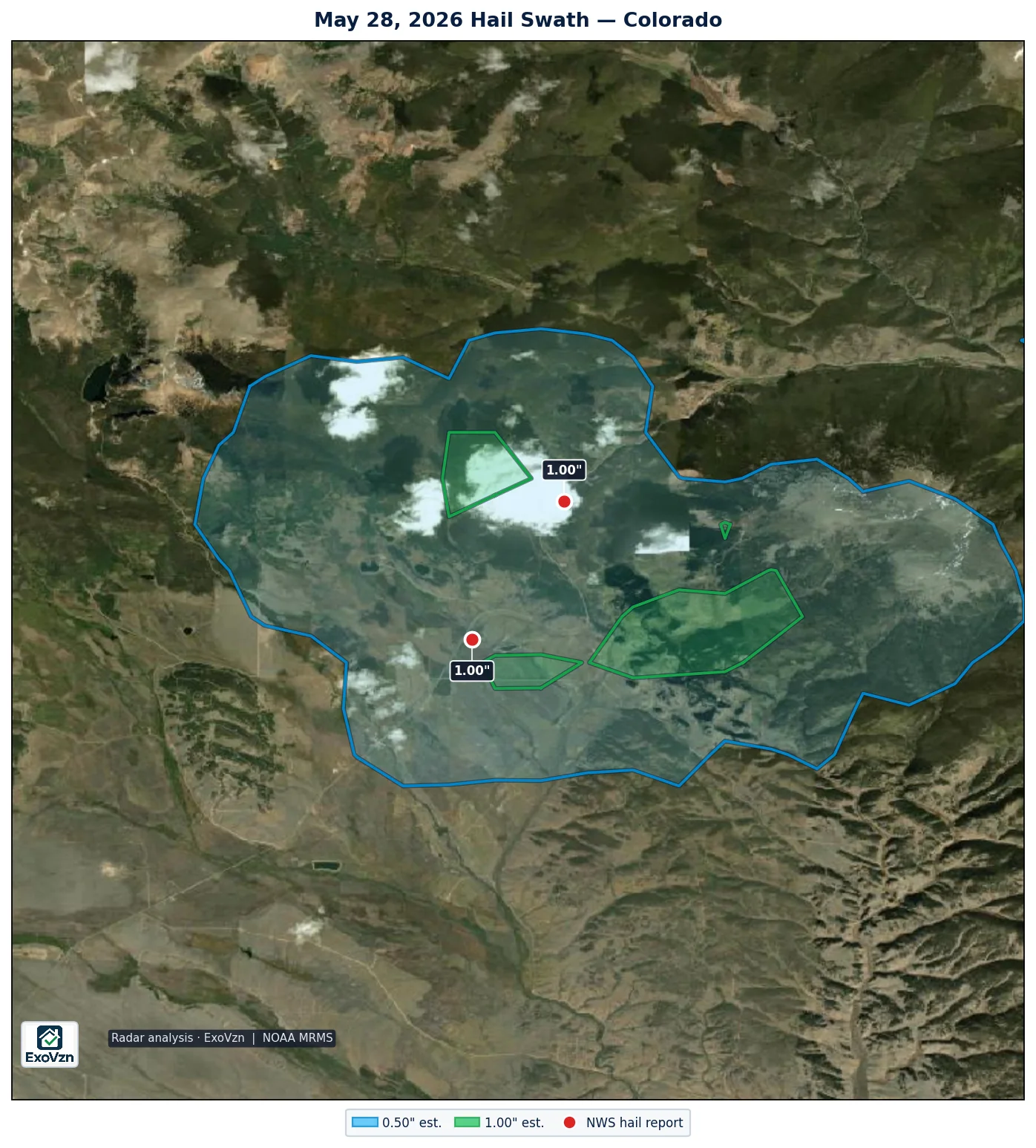 Radar hail swath over Colorado on May 28, 2026 with National Weather Service hail reports marked