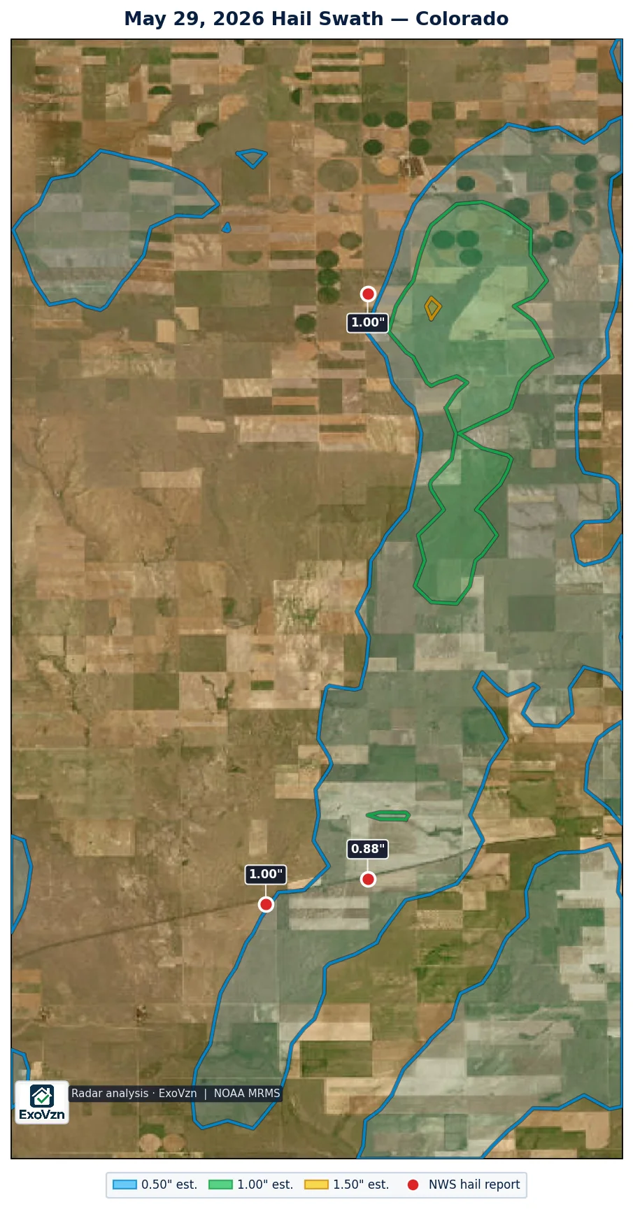 Radar hail swath over Colorado on May 29, 2026 with National Weather Service hail reports marked