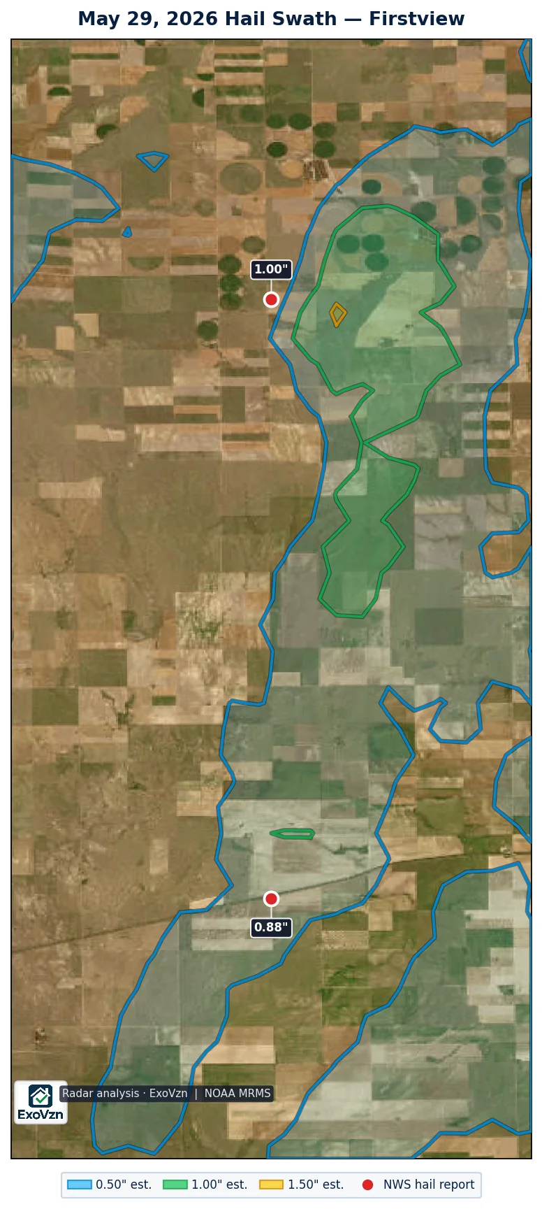 Radar hail swath over Firstview on May 29, 2026 with National Weather Service hail reports marked