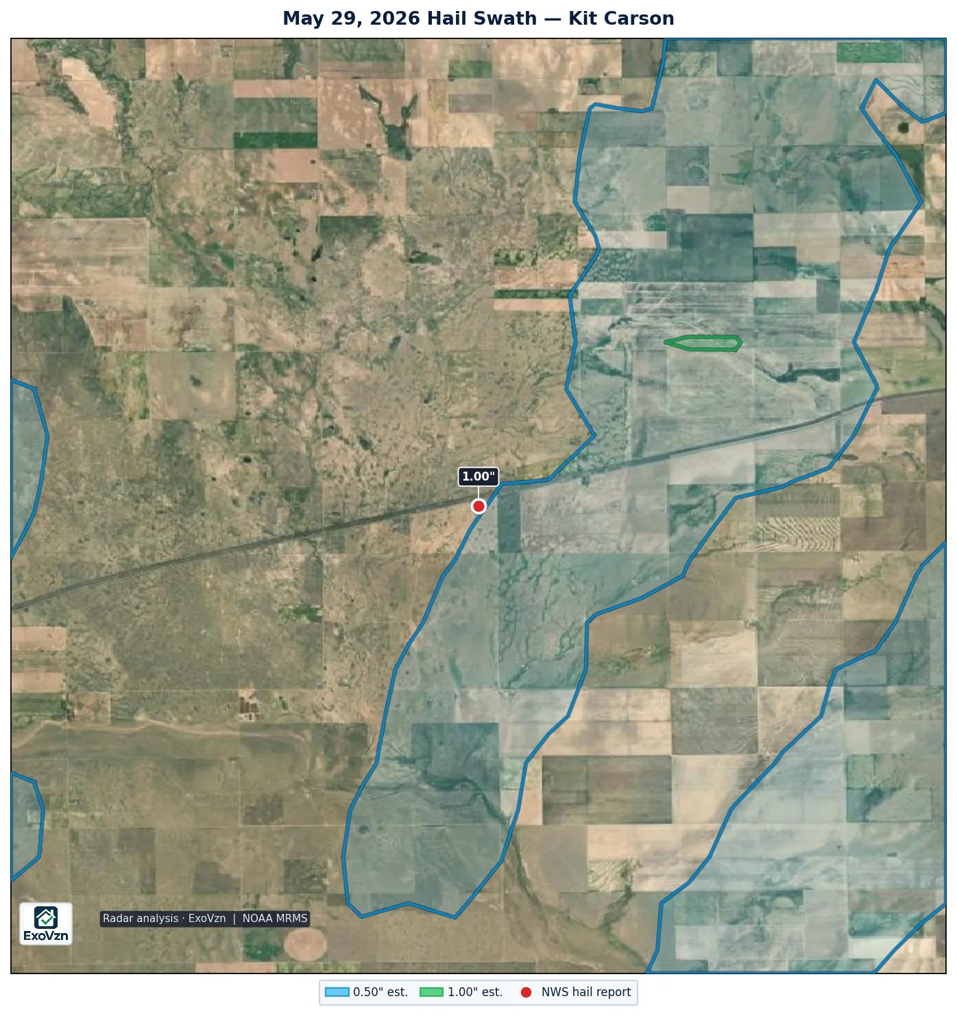 Radar hail swath near Kit Carson on May 29, 2026 with National Weather Service hail reports marked