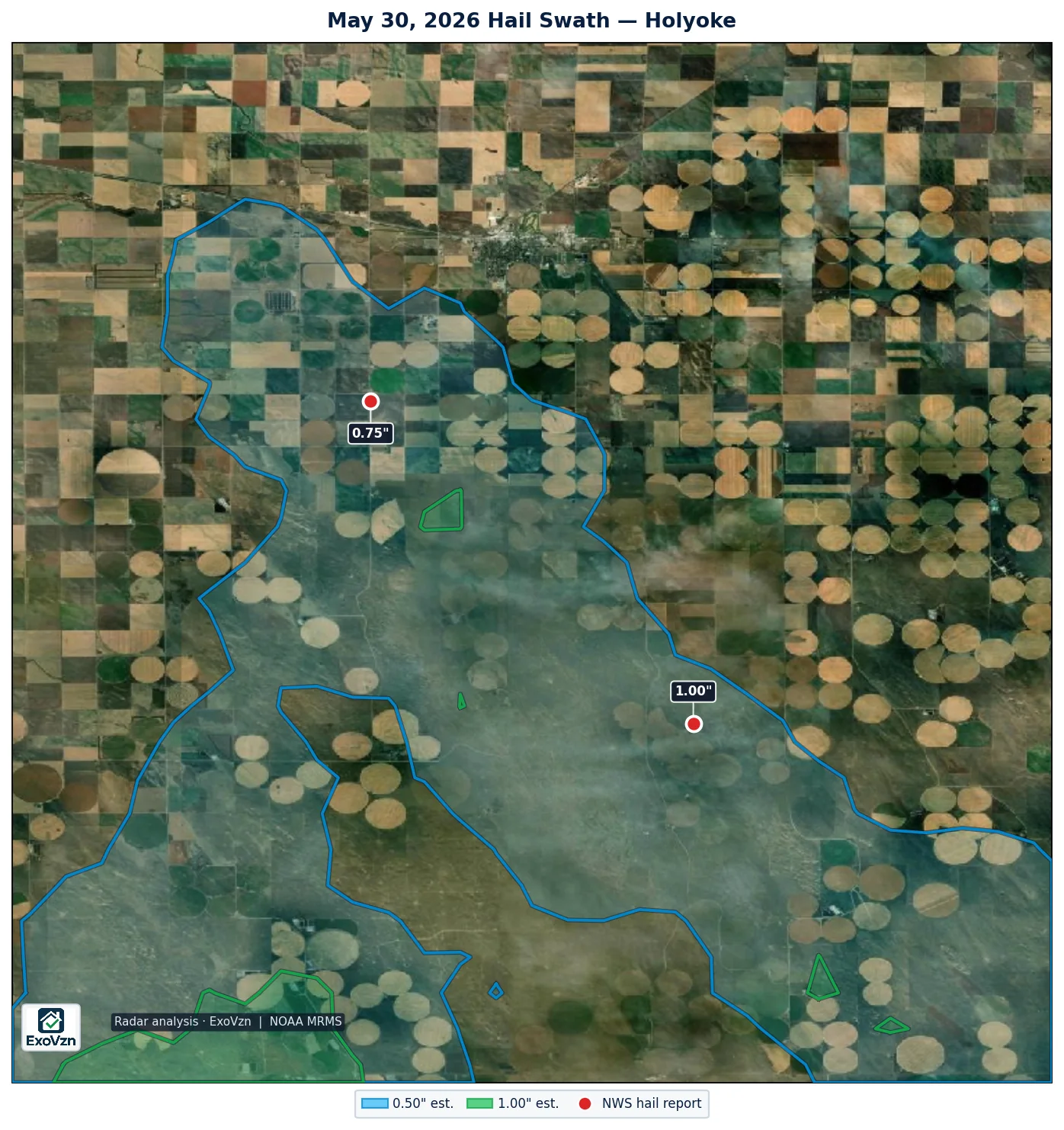 Radar hail swath near Holyoke on May 30, 2026 with National Weather Service hail reports marked