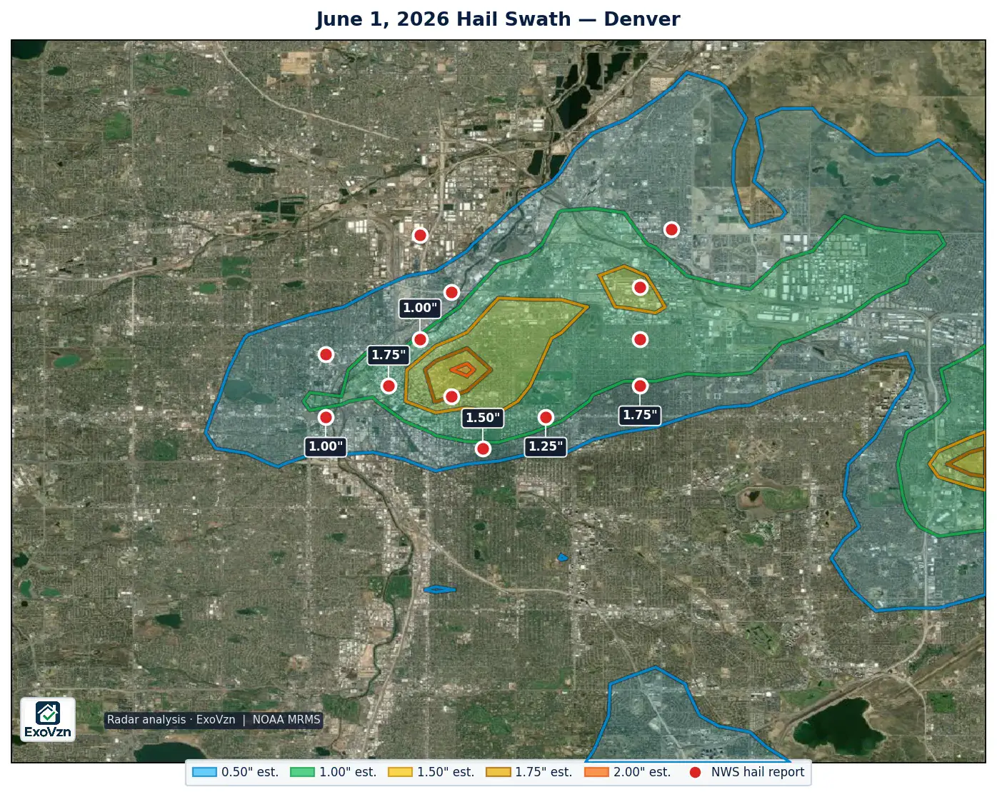 Radar hail swath over Denver Colorado on June 1, 2026 with National Weather Service hail reports marked