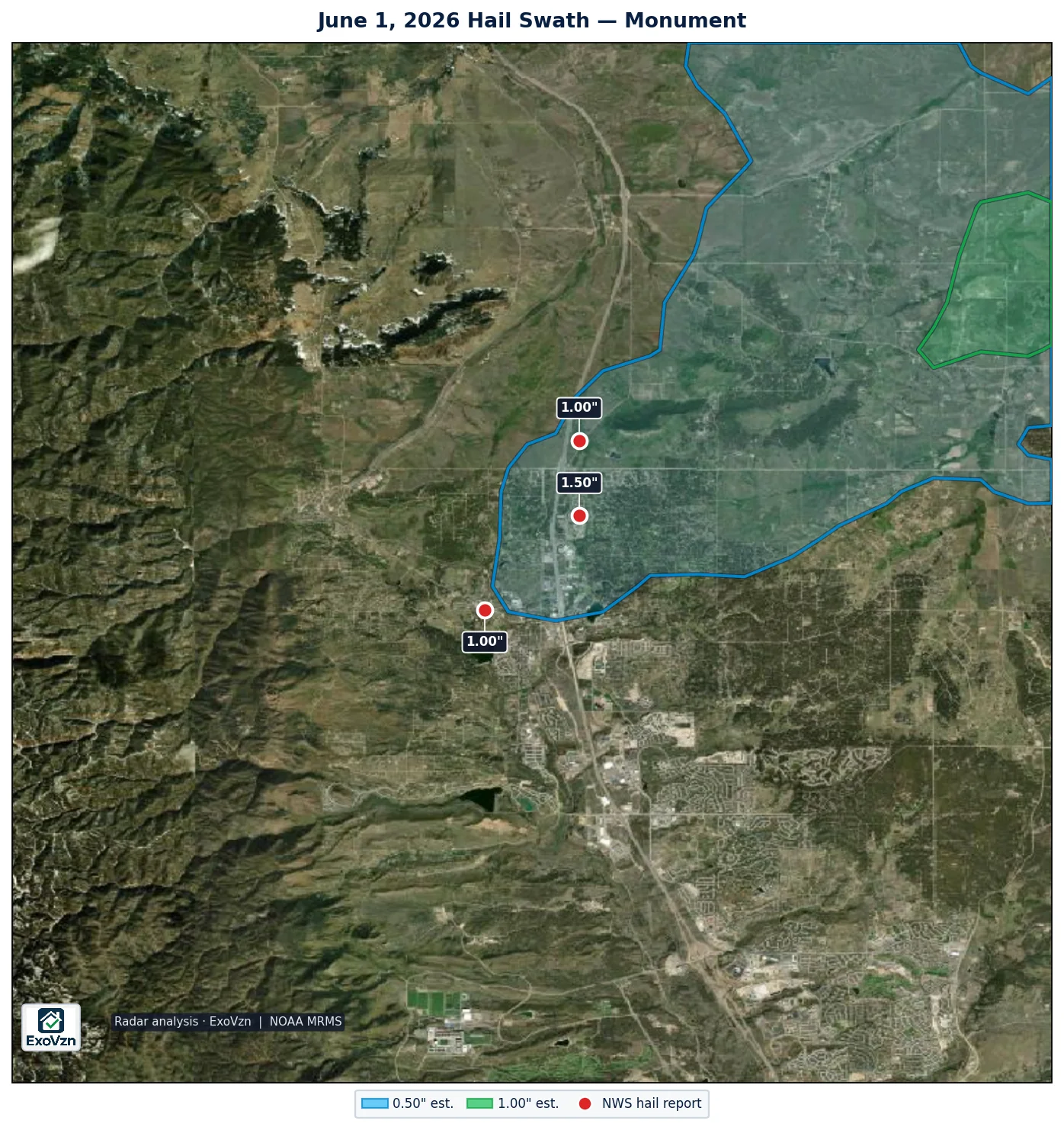 Radar hail swath over Monument Colorado on June 1, 2026 with National Weather Service hail reports marked