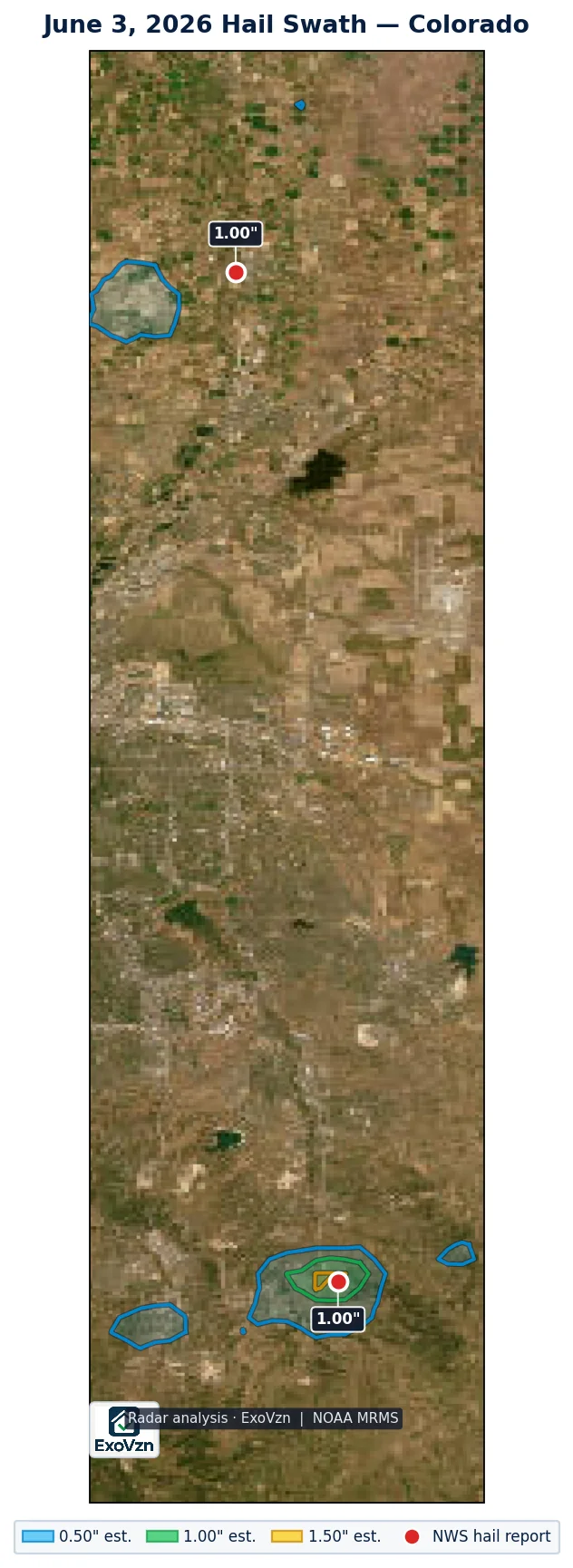 Radar hail swath across Colorado on June 3, 2026 with National Weather Service hail reports marked