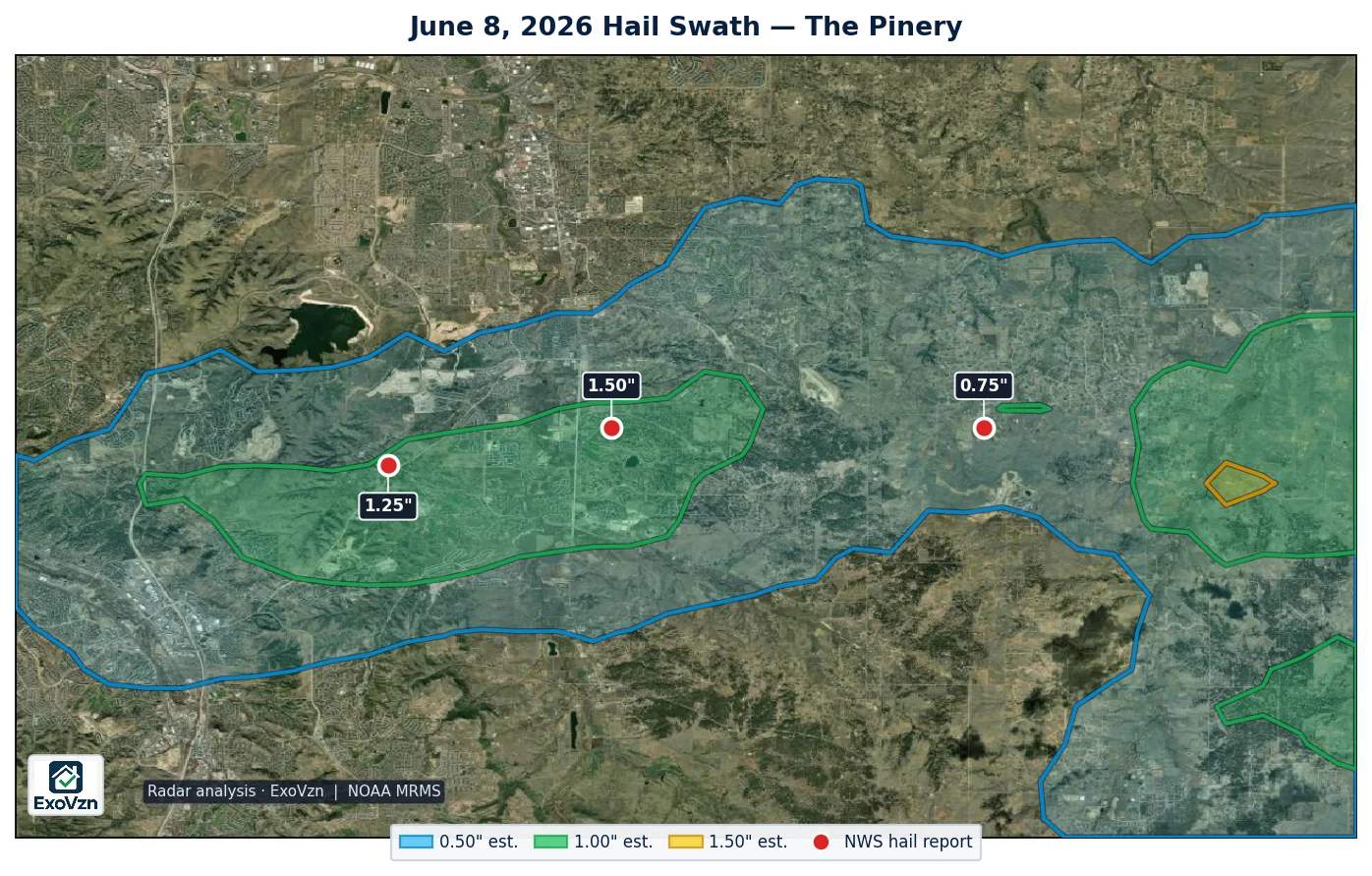 Radar hail swath over The Pinery Colorado on June 8, 2026 with National Weather Service hail reports marked