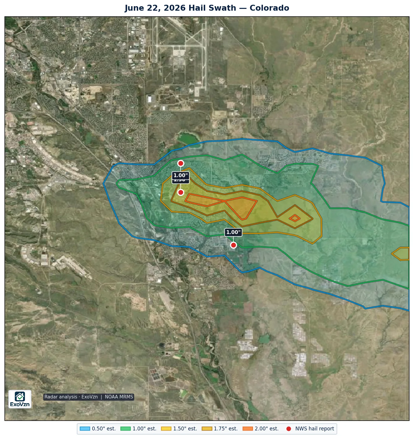 Radar hail swath across Colorado on June 22, 2026 with National Weather Service hail reports marked