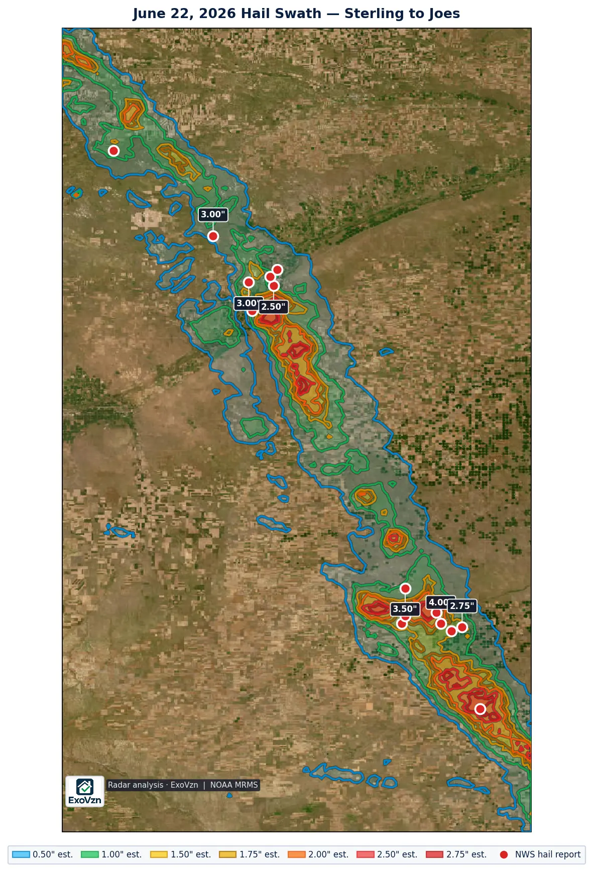 Radar hail swath over Sterling and the northeast Colorado plains on June 22, 2026 with National Weather Service hail reports marked