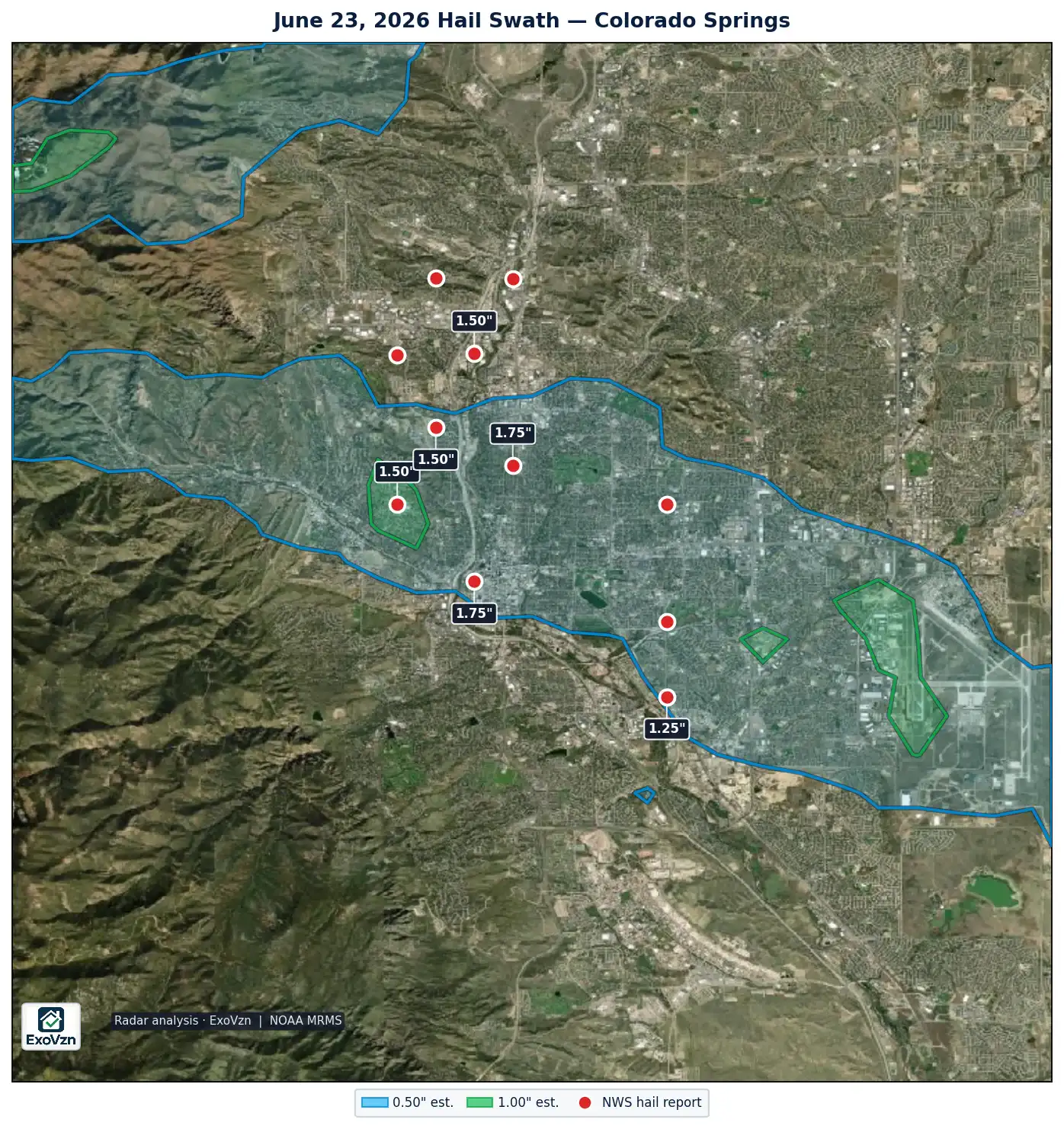 Radar hail swath over Colorado Springs Colorado on June 23, 2026 with National Weather Service hail reports marked