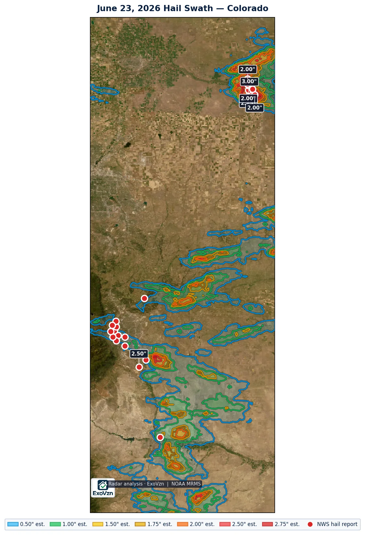 Radar hail swath across Colorado on June 23, 2026 with National Weather Service hail reports marked