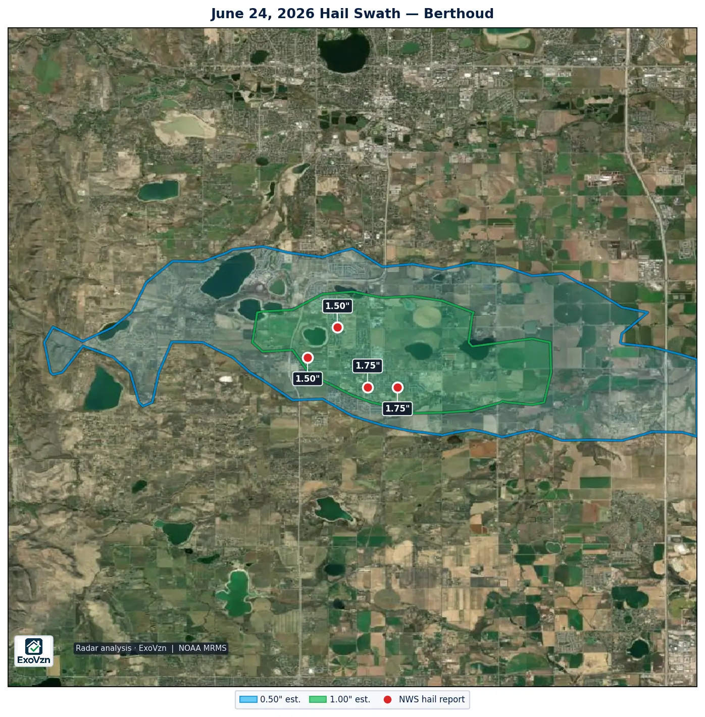 Radar hail swath over Berthoud Colorado on June 24, 2026 with National Weather Service hail reports marked