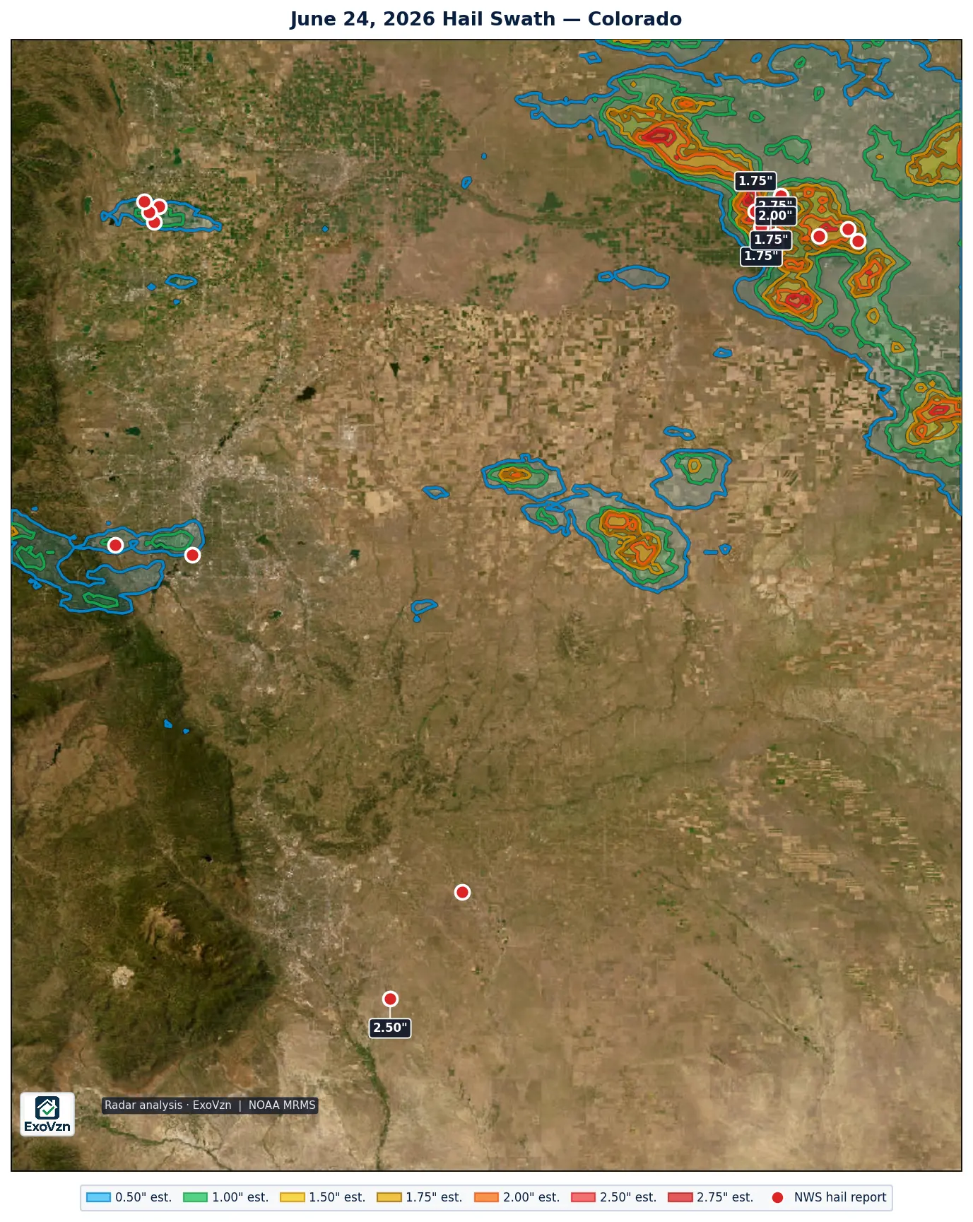Radar hail swath across Colorado on June 24, 2026 with National Weather Service hail reports marked