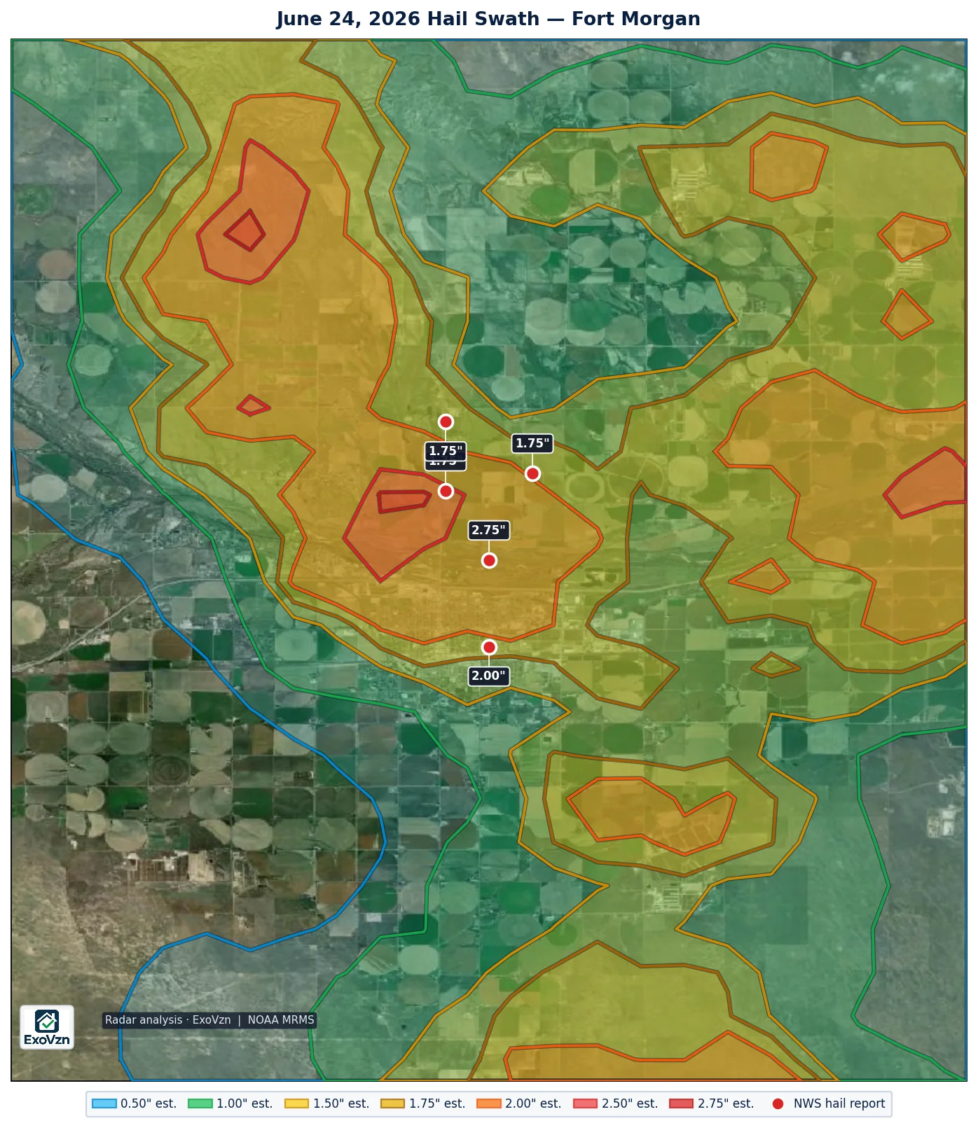 Radar hail swath over Fort Morgan Colorado on June 24, 2026 with National Weather Service hail reports marked