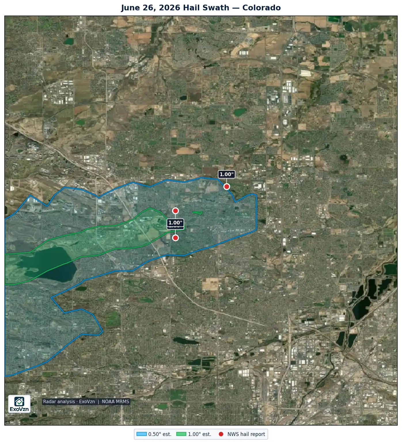 Radar hail swath across Colorado on June 26, 2026 with National Weather Service hail reports marked