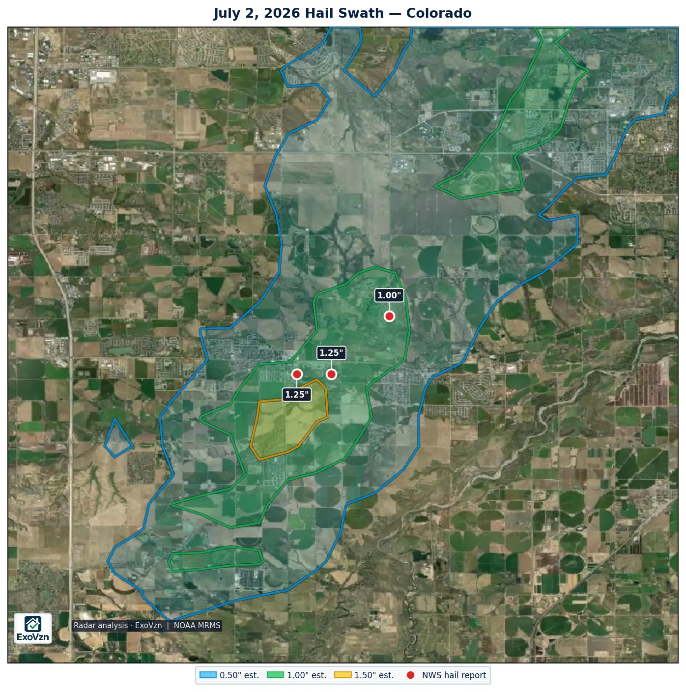 Radar hail swath across Colorado on July 2, 2026 with National Weather Service hail reports marked