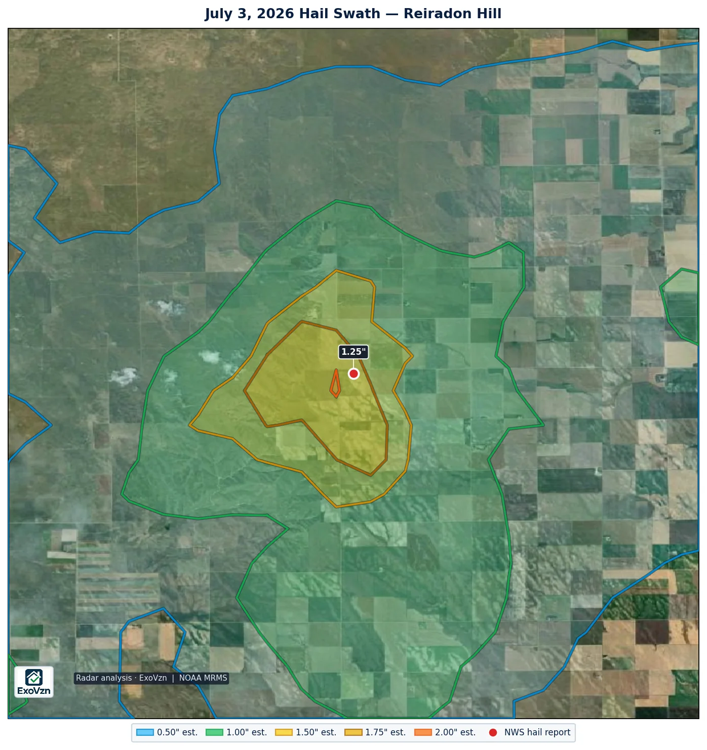 Radar hail swath over Reiradon Hill on July 3, 2026 with National Weather Service hail reports marked