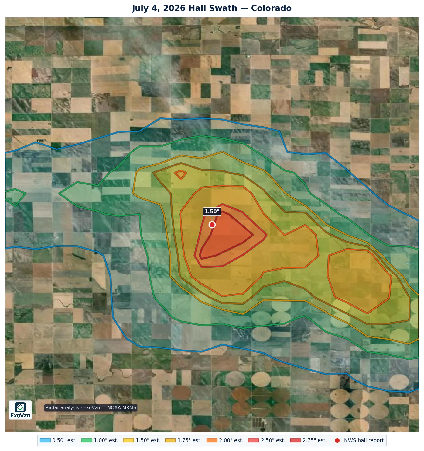 Radar hail swath over Colorado on July 4, 2026 with National Weather Service hail reports marked