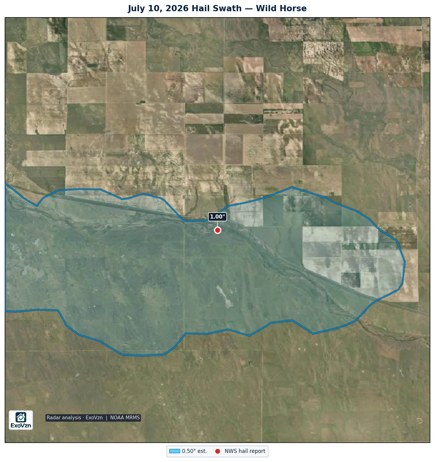 Radar hail swath over Wild Horse on July 10, 2026 with National Weather Service hail reports marked
