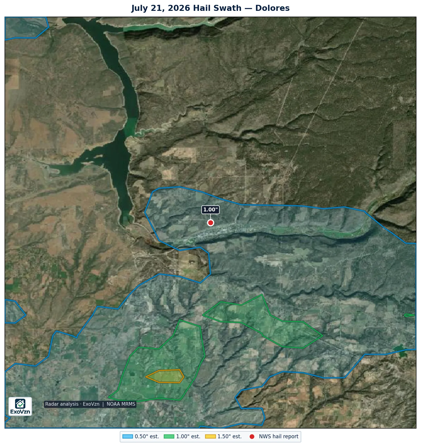 Radar hail swath near Dolores on July 21, 2026 with National Weather Service hail reports marked