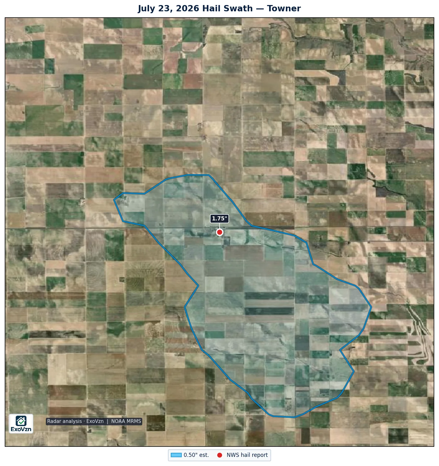 Radar hail swath over Towner on July 23, 2026 with National Weather Service hail reports marked