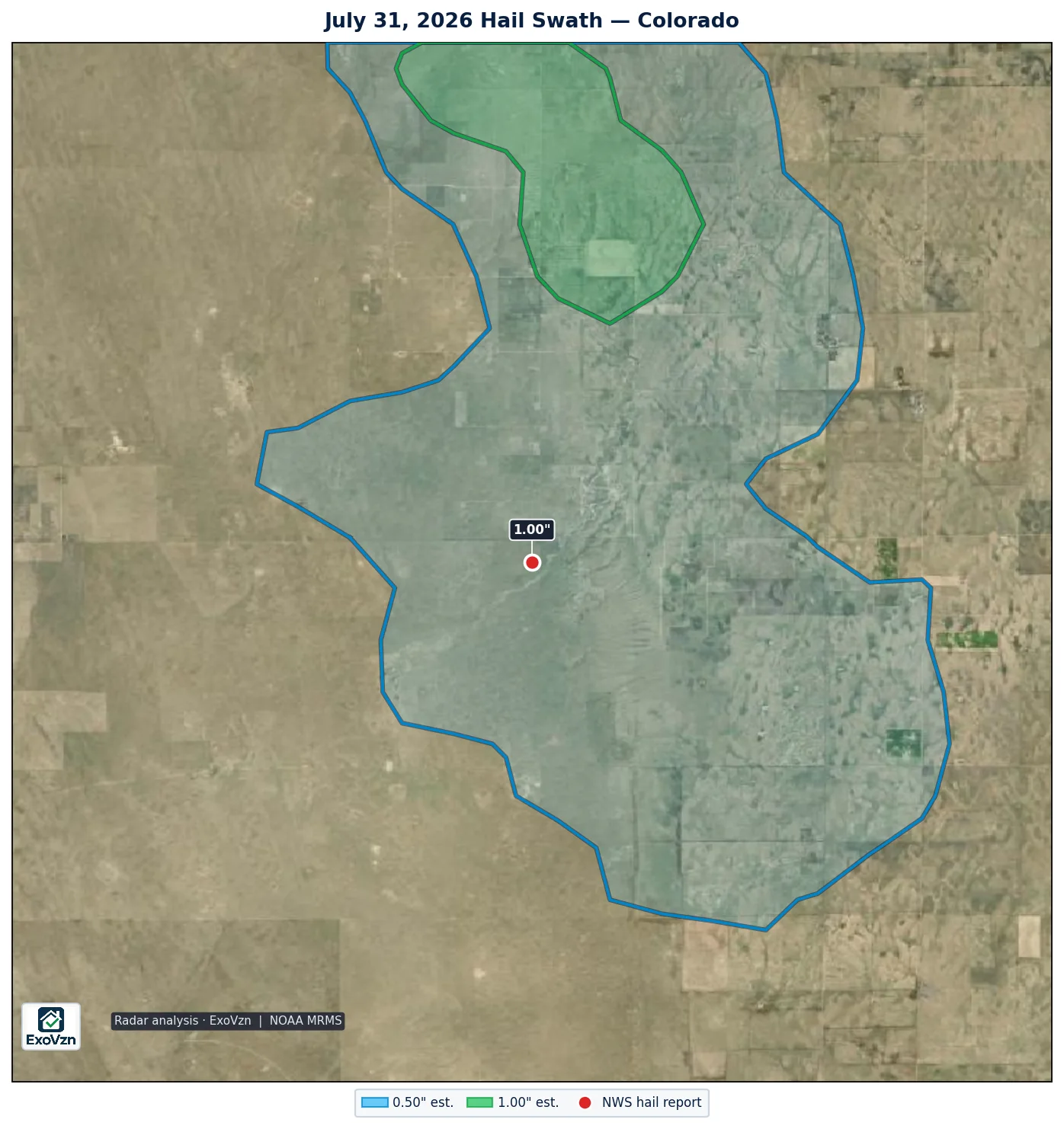 Radar hail swath over Colorado on July 31, 2026 with National Weather Service hail reports marked