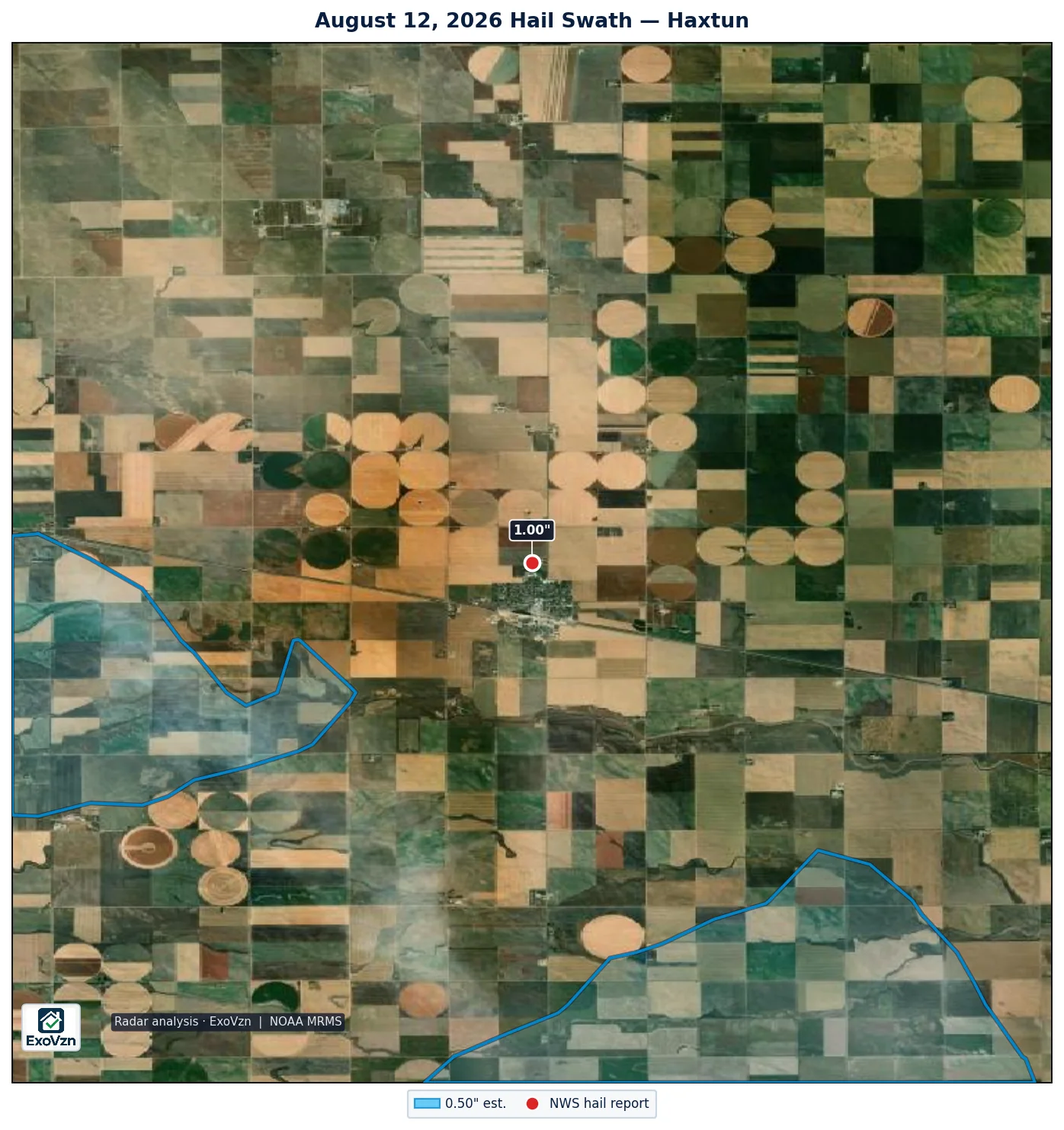 Radar hail swath near Haxtun on August 12, 2026 with National Weather Service hail reports marked