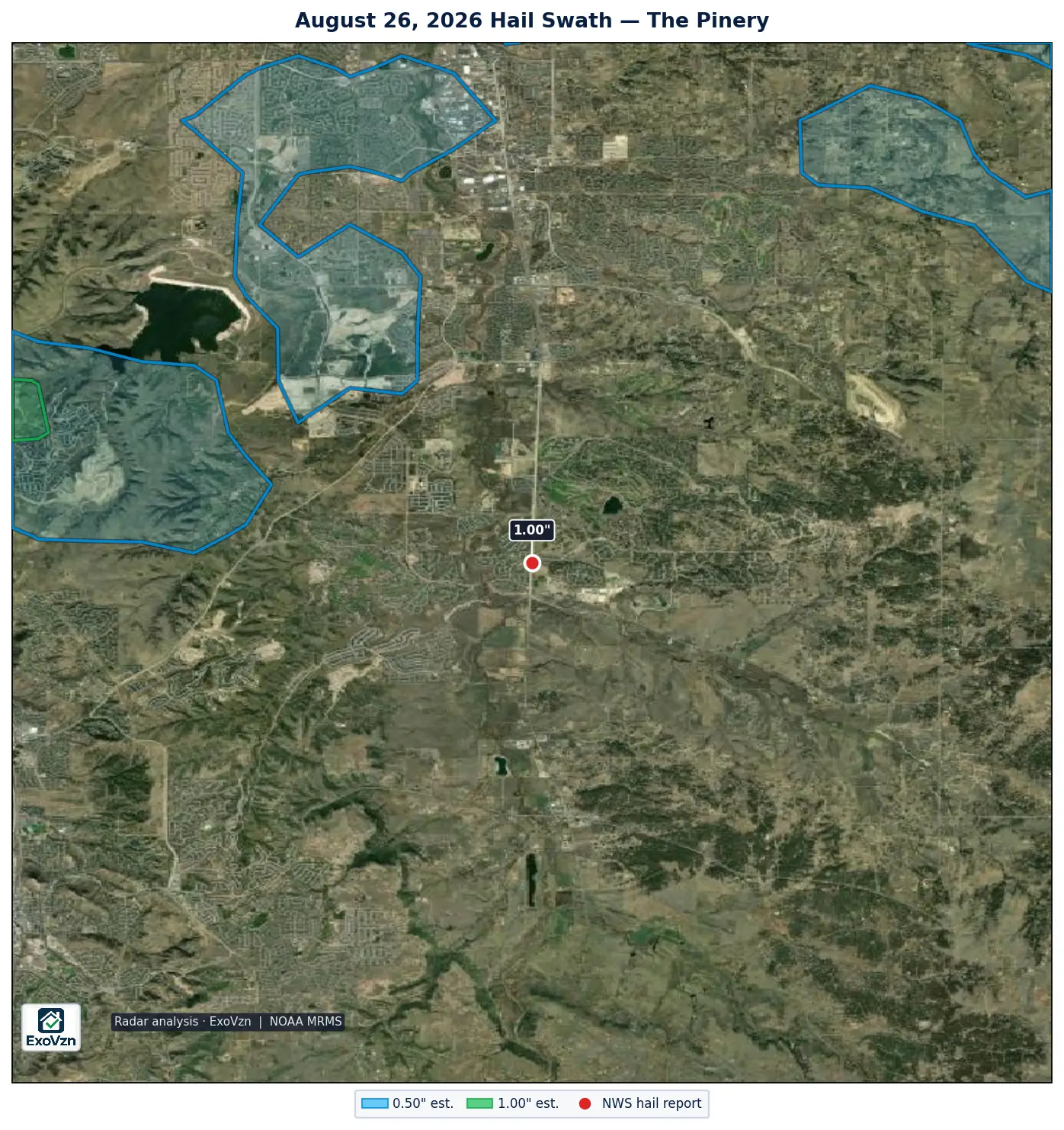 Radar hail swath over The Pinery on August 26, 2026 with National Weather Service hail reports marked