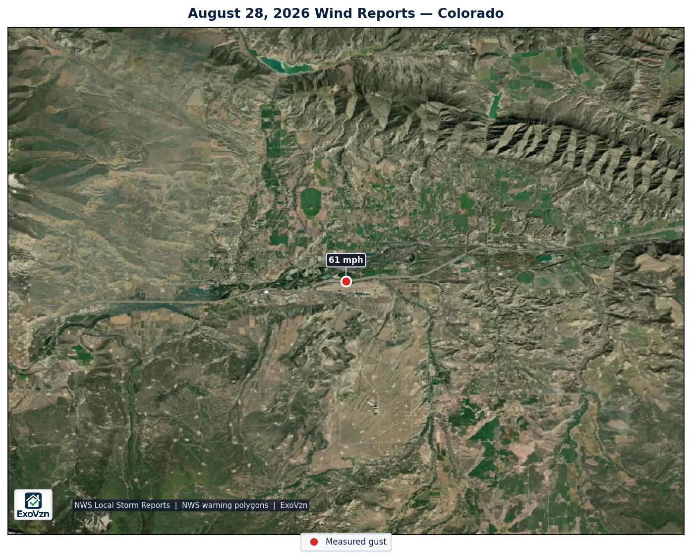 Map of National Weather Service wind report locations over Colorado on August 28, 2026