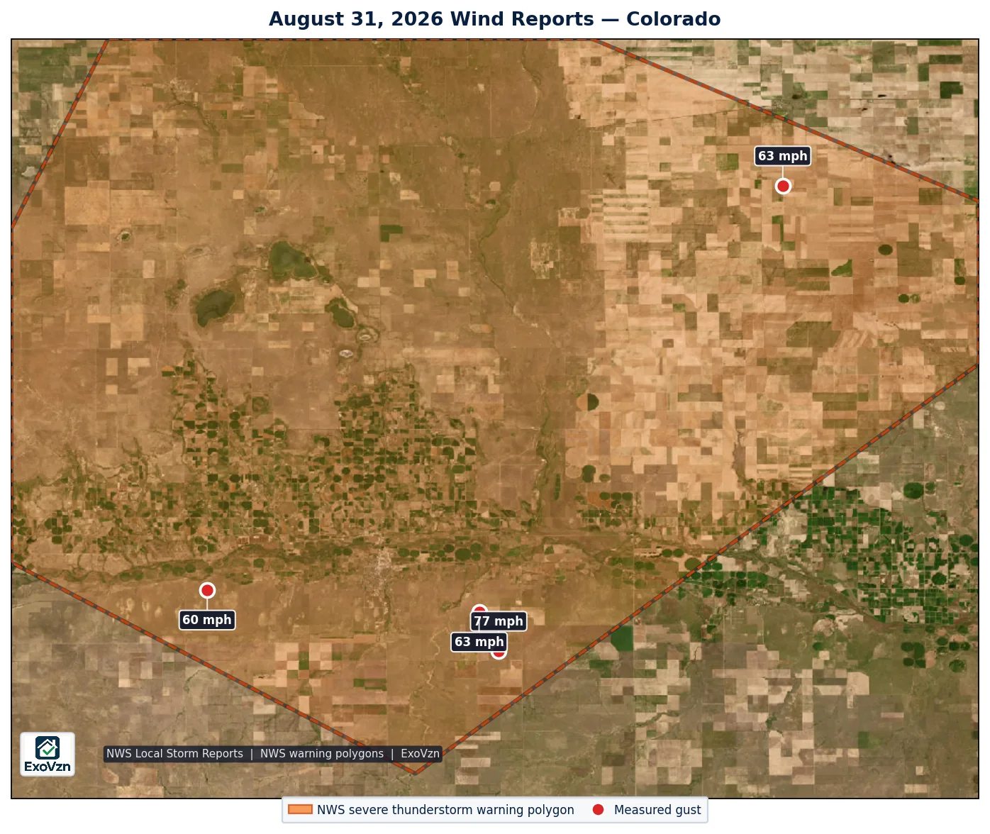 Map of National Weather Service wind reports and the storm-based severe thunderstorm warning polygons in effect over Colorado on August 31, 2026