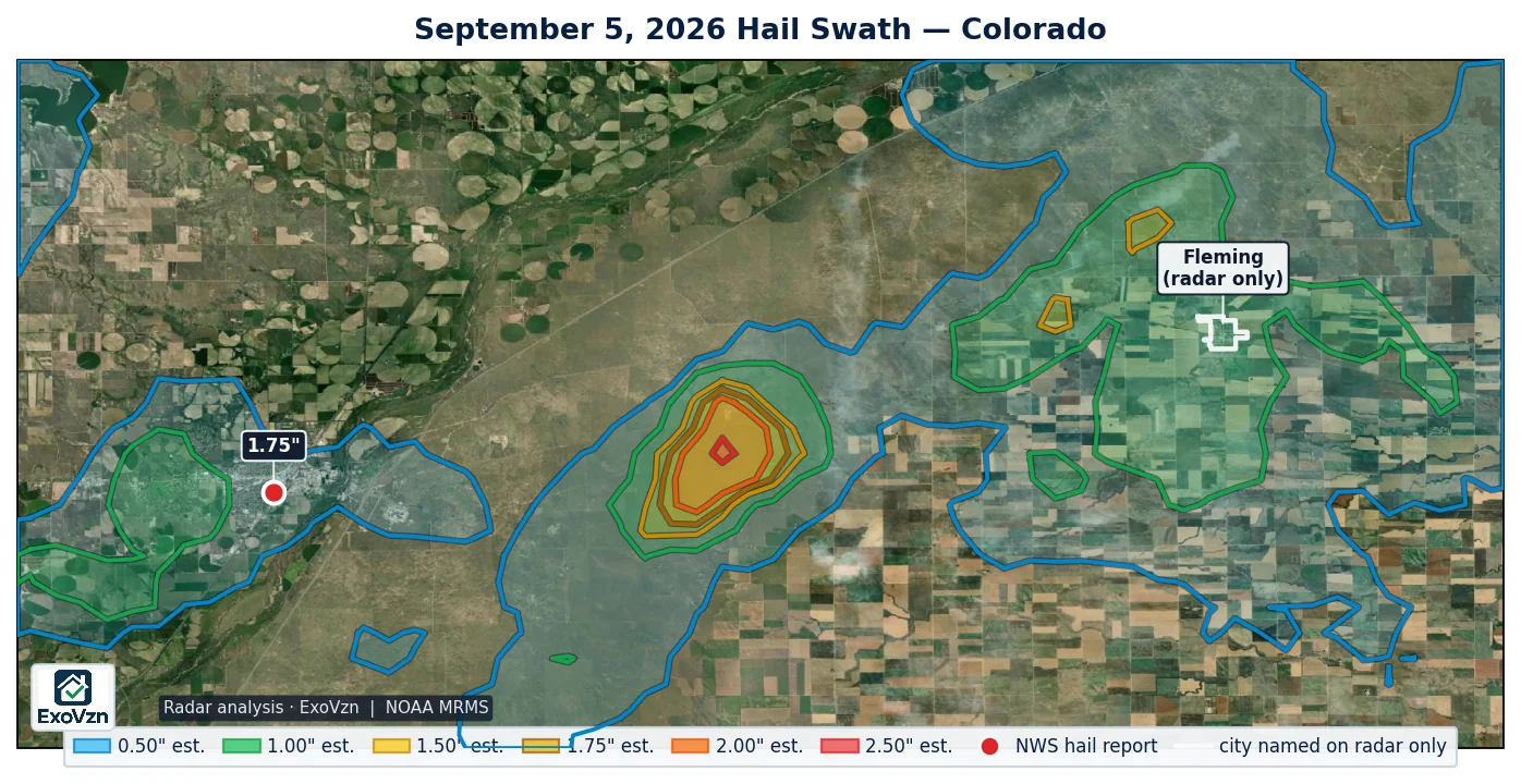 Radar hail swath over Colorado on September 5, 2026 with National Weather Service hail reports marked