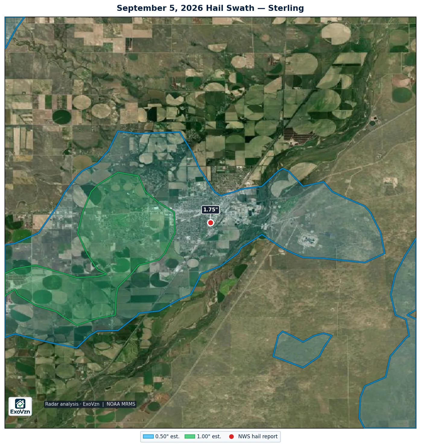 Radar hail swath over Sterling on September 5, 2026 with National Weather Service hail reports marked