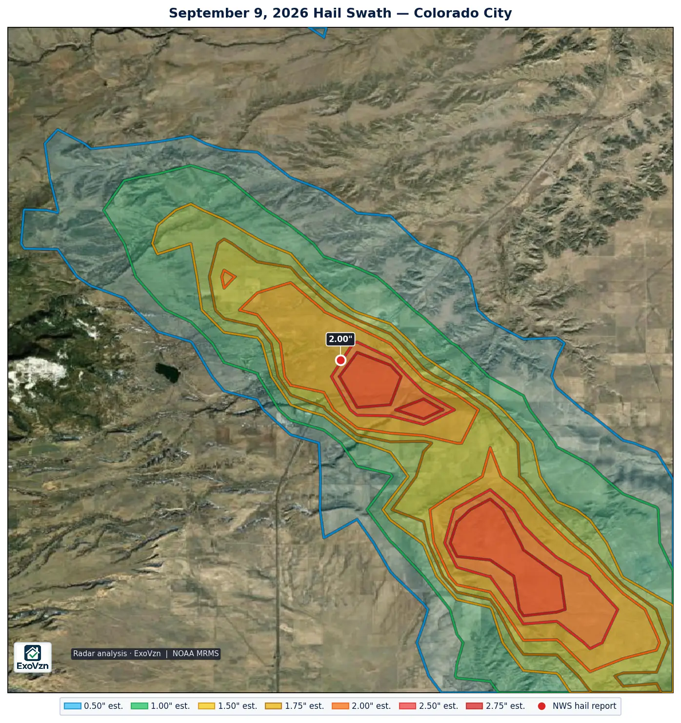Radar hail swath over Colorado City on September 9, 2026 with National Weather Service hail reports marked