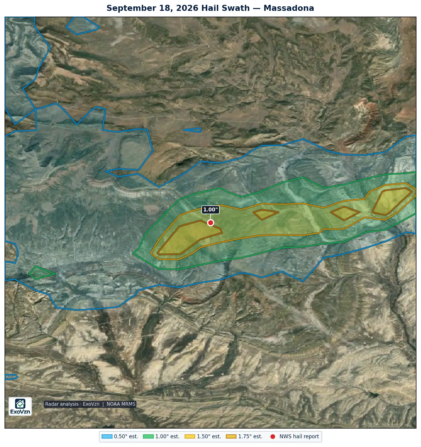 Radar hail swath over Massadona on September 18, 2026 with National Weather Service hail reports marked