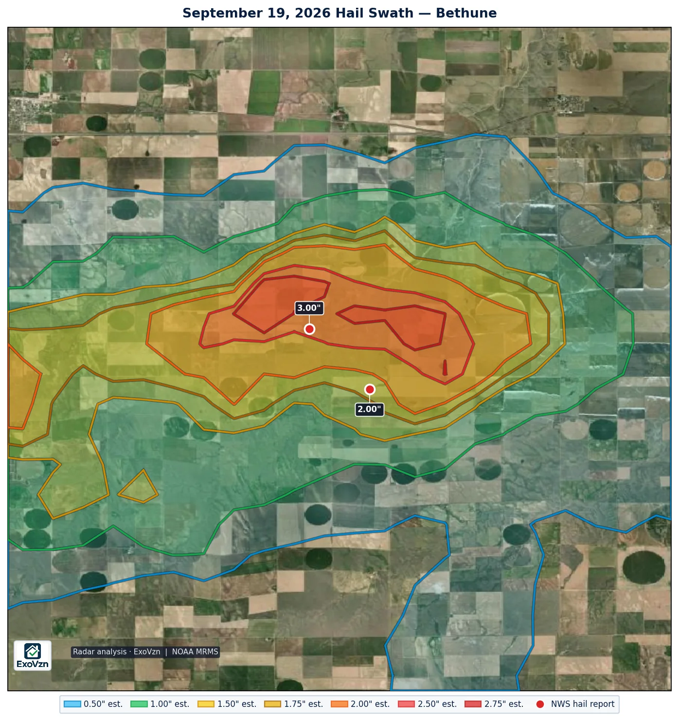 Radar hail swath near Bethune on September 19, 2026 with National Weather Service hail reports marked
