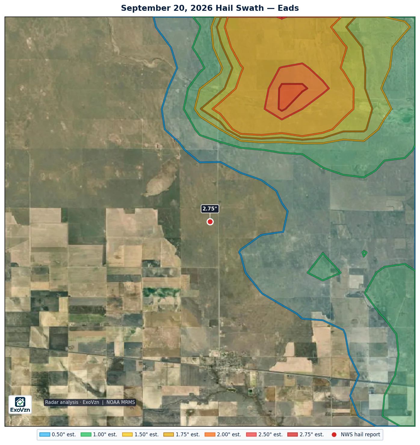 Radar hail swath near Eads on September 20, 2026 with National Weather Service hail reports marked