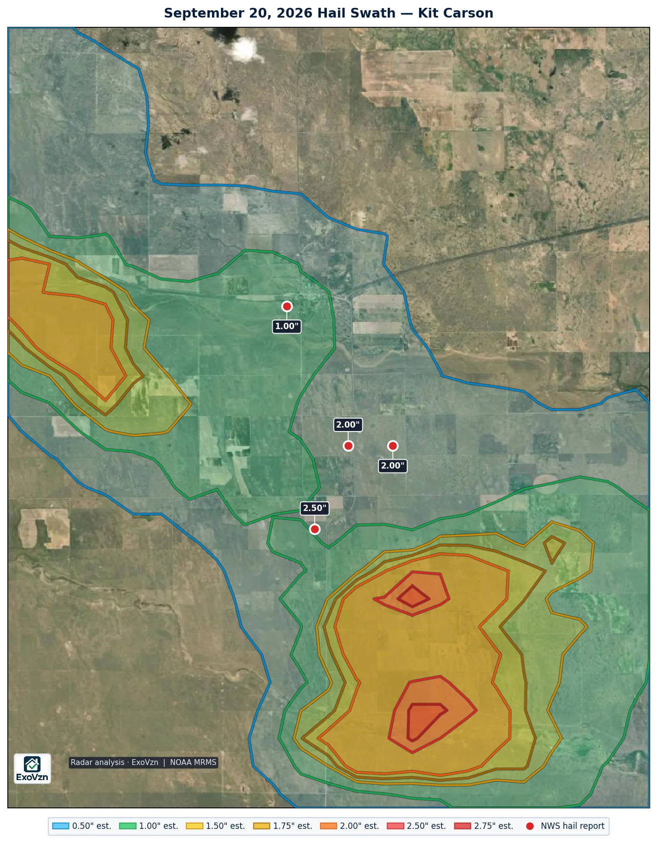 Radar hail swath over Kit Carson on September 20, 2026 with National Weather Service hail reports marked