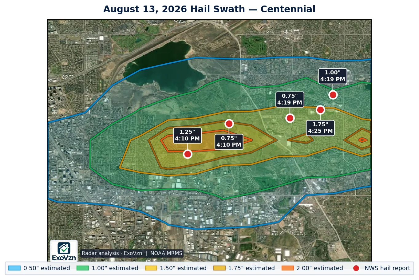 Radar hail swath over Centennial Colorado on August 13 2026 with National Weather Service hail reports marked